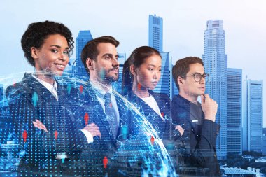 İş amaçlarına ulaşmak için sosyal medya pazarlama stratejisi üzerinde çalışan bir grup SMM uzmanı. Singapur arkaplanı üzerinde hologram simgeleri.
