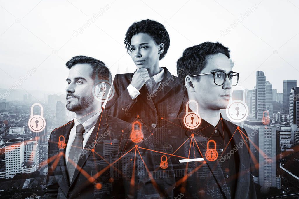 Group of business colleagues as a part of multinational corporate team working on project to protect clients information at cybersecurity compliance division. IT lock icons over Kuala Lumpur