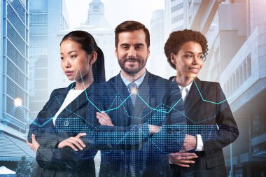 Yeni risk sermayesi ve yüksek teknoloji üzerinde çalışan bir grup iş arkadaşı riskleri tahmin etmeye ve olası kazanç artışlarını tahmin etmeye çalışıyor. Singapur arkaplanının hologram şeması.