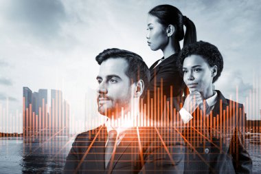 Yeni risk sermayesi ve yüksek teknoloji üzerinde çalışan bir grup iş arkadaşı riskleri tahmin etmeye ve olası kazanç artışlarını tahmin etmeye çalışıyor. Singapur arkaplanının hologram şeması.