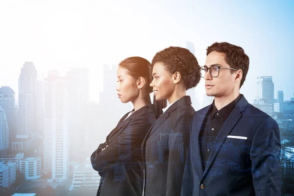 Group of successful smiling business consultants standing in a row in suits and ready to tackle with customer problem. Bangkok cityscape. Multinational corporate team. Double exposure.