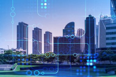 Panoramik manzaralı gökdelenler. Dubai Emirliğinin başkentinin modern şehri. Teknoloji konsepti. Çift pozlama.