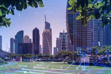 Panoramik manzaralı gökdelenler. Dubai Emirliğinin başkentinin modern şehri. Teknoloji konsepti. Çift pozlama.