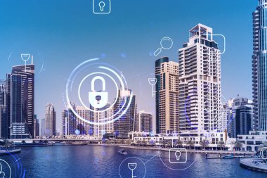 Şehir merkezindeki Dubai gökdelenleri. Uluslararası ticaret ve finansal hizmetler merkezi. Simge hologramını kilitle, veri güvenliği kavramı. Çifte maruziyet. Dubai Kanalı Rıhtımı.