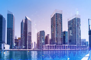 Şehir merkezindeki Dubai gökdelenleri. Batı Asya 'nın uluslararası ticaret ve finans merkezi. FOREX grafik ve grafik konsepti. Çifte maruziyet. Dubai Kanalı Rıhtımı.
