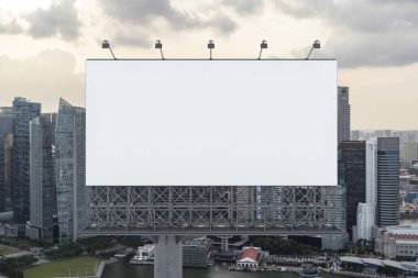 Blank white road billboard with Singapore cityscape background at sunset. Street advertising poster, mock up, 3D rendering. Front view. The concept of marketing communication to sell idea. clipart