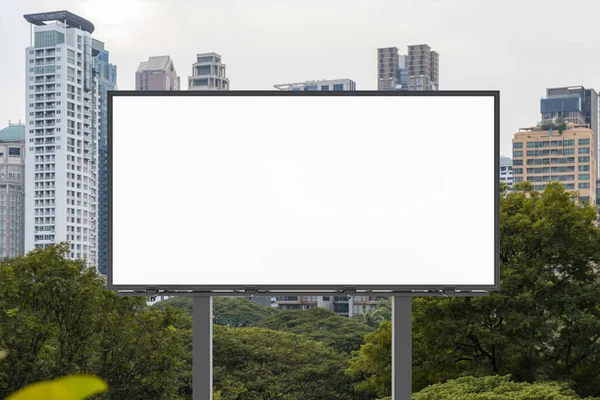 Blank white road billboard with Bangkok cityscape background at day time. Street advertising poster, mock up, 3D rendering. Front view. The concept of marketing communication to promote or sell idea. — Stock Photo, Image