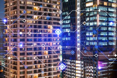 Bilgi akışı hologramı, Bangkok 'un gece manzarası. Asya 'daki en büyük teknoloji merkezi. Bilimi programlama kavramı. Çift pozlama.