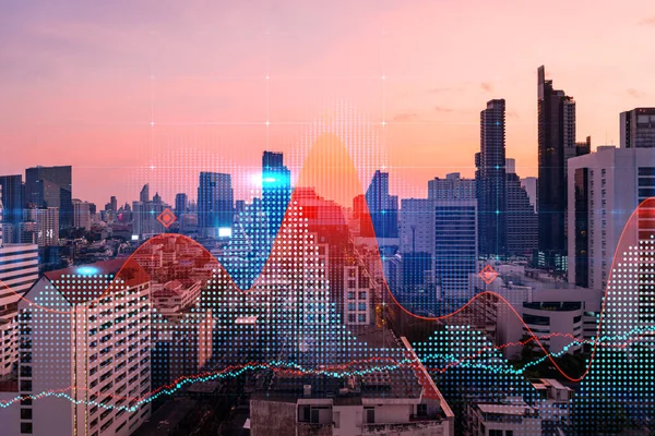 Glowing FOREX graph hologram, aerial panoramic cityscape of Bangkok at sunset. Stock and bond trading in Asia. The concept of fund management. Double exposure.