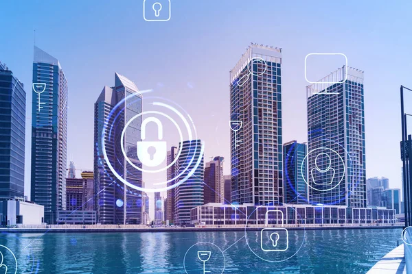 Şehir merkezindeki Dubai gökdelenleri. Uluslararası ticaret ve finansal hizmetler merkezi. Simge hologramını kilitle, veri güvenliği kavramı. Çifte maruziyet. Dubai Kanalı Rıhtımı.