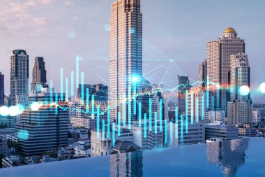 Işık saçan FOREX grafik hologramı, gün batımında Bangkok 'un panoramik şehir manzarası. Asya 'da hisse ve tahvil ticareti. Fon yönetimi kavramı. Çift pozlama.