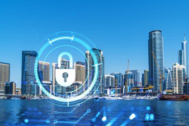 Şehir merkezindeki Dubai gökdelenleri. Uluslararası ticaret ve finansal hizmetler merkezi. Simge hologramını kilitle, veri güvenliği kavramı. Çifte maruziyet. Dubai Kanalı Rıhtımı.
