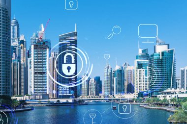 Şehir merkezindeki Dubai gökdelenleri. Uluslararası ticaret ve finansal hizmetler merkezi. Simge hologramını kilitle, veri güvenliği kavramı. Çifte maruziyet. Dubai Kanalı Rıhtımı.