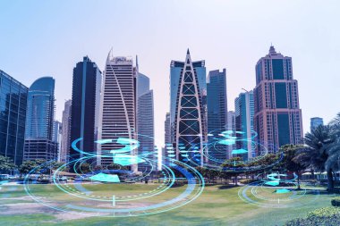 Panoramik manzaralı gökdelenler. Dubai Emirliğinin başkentinin modern şehri. Teknoloji konsepti. Çift pozlama.