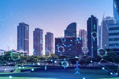 Panoramik manzaralı gökdelenler. Dubai Emirliğinin başkentinin modern şehri. Teknoloji konsepti. Çift pozlama.