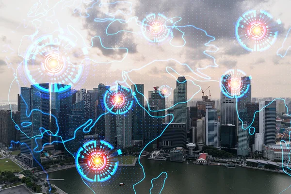 Ologramma luminoso del pianeta Terra mappa sul paesaggio aereo panoramico di Singapore al tramonto, Asia. Il concetto di business internazionale. Multi esposizione. — Foto Stock