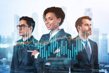 Yeni risk sermayesi ve yüksek teknoloji üzerinde çalışan bir grup iş arkadaşı riskleri tahmin etmeye ve olası kazanç artışlarını tahmin etmeye çalışıyor. Singapur arkaplanının hologram şeması.