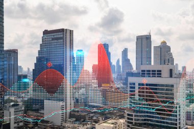 Asya 'daki finans merkezi Bangkok' un Panorama şehri manzarası üzerinde eski ve borsa hologramı. Uluslararası ticaret kavramı. Çift pozlama.