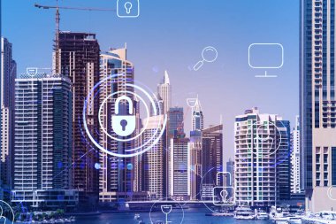 Şehir merkezindeki Dubai gökdelenleri. Uluslararası ticaret ve finansal hizmetler merkezi. Simge hologramını kilitle, veri güvenliği kavramı. Çifte maruziyet. Dubai Kanalı Rıhtımı.