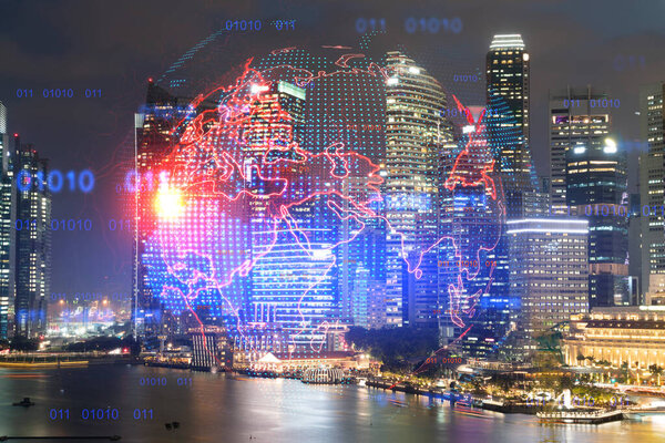 Hologram of Earth planet map on night panoramic cityscape of Singapore, Asia. The concept of international companies. Multi Exposure.