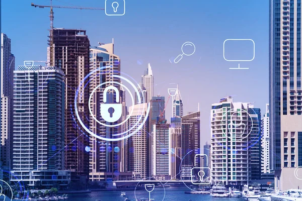 Şehir merkezindeki Dubai gökdelenleri. Uluslararası ticaret ve finansal hizmetler merkezi. Simge hologramını kilitle, veri güvenliği kavramı. Çifte maruziyet. Dubai Kanalı Rıhtımı.