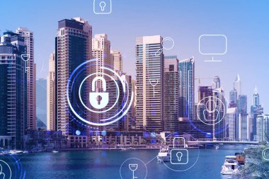Şehir merkezindeki Dubai gökdelenleri. Uluslararası ticaret ve finansal hizmetler merkezi. Simge hologramını kilitle, veri güvenliği kavramı. Çifte maruziyet. Dubai Kanalı Rıhtımı.