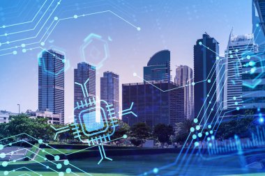 Panoramik manzaralı gökdelenler. Dubai Emirliğinin başkentinin modern şehri. Teknoloji konsepti. Çift pozlama.