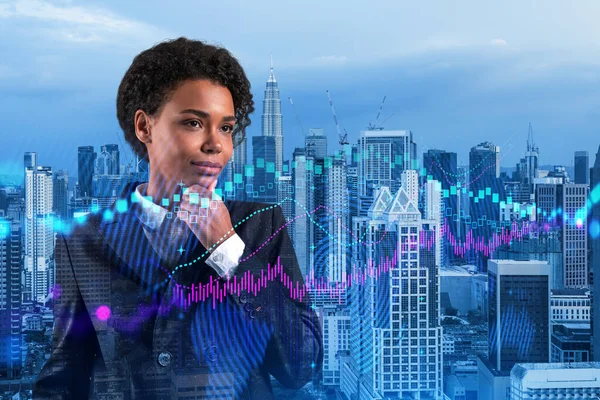 Attractive black woman trader and stock market analyst in suit dreaming about market behavior and forecast in crisis. Women in business concept. Forex chart. Kuala Lumpur. Double exposure.