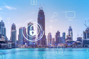 Şehir merkezindeki Dubai gökdelenleri. Uluslararası ticaret ve finansal hizmetler merkezi. Simge hologramını kilitle, veri güvenliği kavramı. Çifte maruziyet. Dubai Kanalı Rıhtımı.