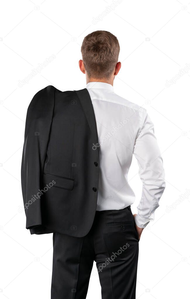 Businessman in white shirt and black pants back shot, no face