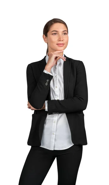 Geschäftsfrau im schwarzen Anzug denkt isoliert über weißem Hintergrund — Stockfoto