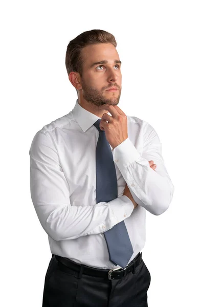 Empresario en camisa blanca y corbata, pensando aislado sobre fondo blanco —  Fotos de Stock