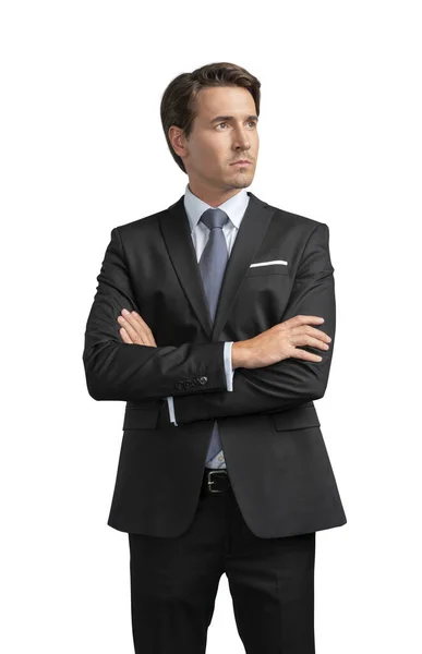 Empresario en traje negro brazos cruzados aislados sobre fondo blanco —  Fotos de Stock