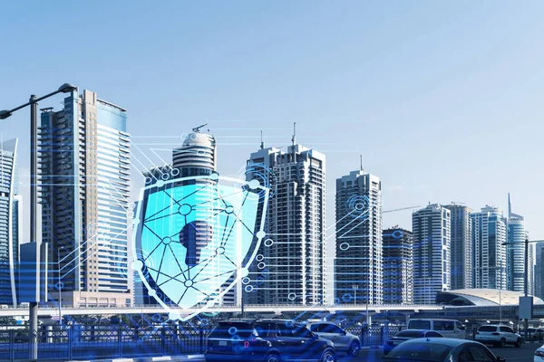 Cityscape skyscrapers of downtown, UAE. Modern skyline of the capital of the Emirate of Dubai. Cyber security concept. Double exposure. Lock icons net. — Stock Photo, Image