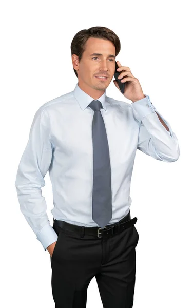 Empresário em camisa e gravata com telefone isolado sobre fundo branco — Fotografia de Stock