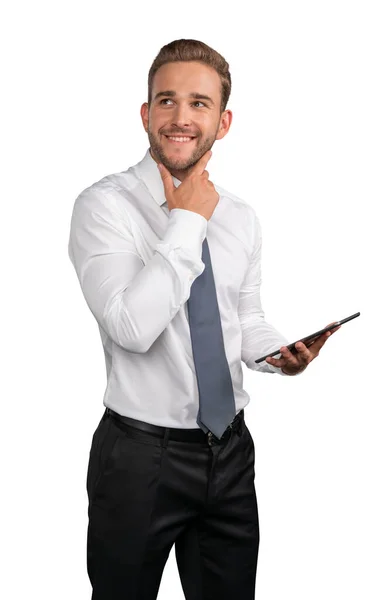 Empresario en camisa y corbata con tableta aislada sobre fondo blanco —  Fotos de Stock