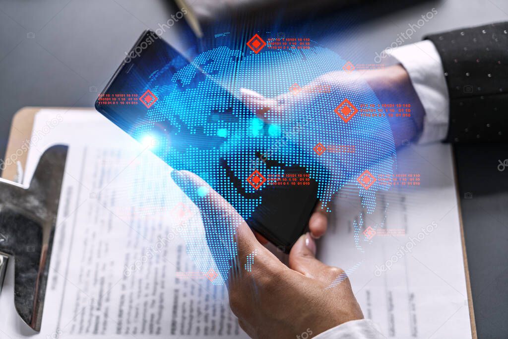 Businesswoman using smart phone in office. International business affairs with world map. Double exposure.