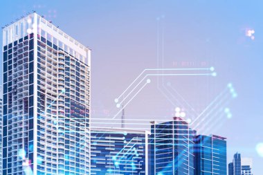 Panoramik manzaralı gökdelenler. Dubai Emirliğinin başkentinin modern şehri. Finansal hizmetler merkezi. Şehir hayatı konsepti teknolojisi. Çift pozlama.