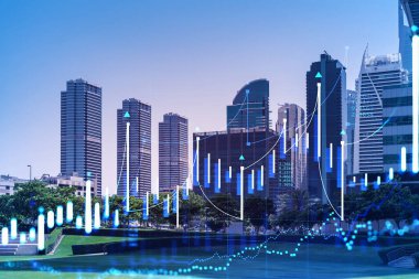 Dubai Marina 'nın çelik ve cam gökdelenlerinin panoramik manzarası. BAE 'nin başkentinin modern şehri. Finansal hizmetler merkezi. FOREX grafik ve grafik konsepti. Çift pozlama.