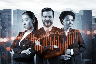 Yeni risk sermayesi ve yüksek teknoloji üzerinde çalışan bir grup iş arkadaşı riskleri tahmin etmeye ve olası kazanç artışlarını tahmin etmeye çalışıyor. Singapur arkaplanının hologram şeması.