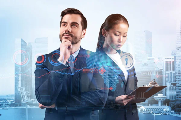 Two colleagues in multinational corporate team thinking about career opportunities at cybersecurity compliance division to protect clients confidential information. IT lock icons over Singapore. — Stock Photo, Image