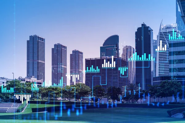 Dubai Marina 'nın çelik ve cam gökdelenlerinin panoramik manzarası. BAE 'nin başkentinin modern şehri. Finansal hizmetler merkezi. FOREX grafik ve grafik konsepti. Çift pozlama.