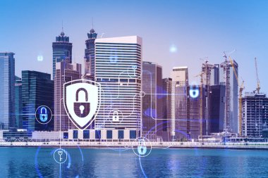Şehir merkezindeki Dubai gökdelenleri. Uluslararası ticaret ve finansal hizmetler merkezi. Simge hologramını kilitle, veri güvenliği kavramı. Çifte maruziyet. Dubai Kanalı Rıhtımı.
