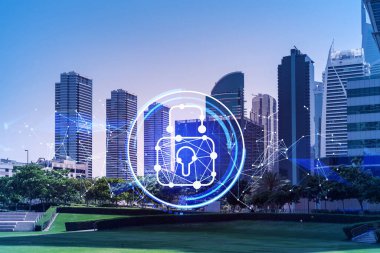 Panoramik manzaralı gökdelenler. Dubai Emirliğinin başkentinin modern şehri. Finansal hizmetler merkezi. Bilgi güvenliği kavramı. Kilit simgesi. Çift pozlama.