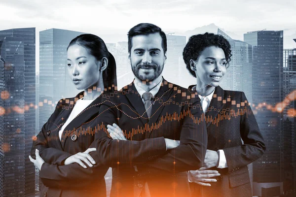 Yeni risk sermayesi ve yüksek teknoloji üzerinde çalışan bir grup iş arkadaşı riskleri tahmin etmeye ve olası kazanç artışlarını tahmin etmeye çalışıyor. Singapur arkaplanının hologram şeması.