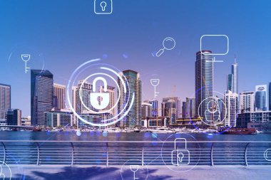 Şehir merkezindeki Dubai gökdelenleri. Uluslararası ticaret ve finansal hizmetler merkezi. Simge hologramını kilitle, veri güvenliği kavramı. Çifte maruziyet. Dubai Kanalı Rıhtımı.