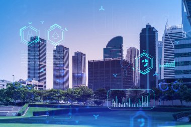 Panoramik manzaralı gökdelenler. Dubai Emirliğinin başkentinin modern şehri. Teknoloji konsepti. Çift pozlama.