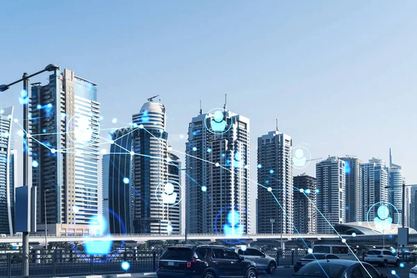 Cityscape skyscrapers of center, OAE. Сучасне небо столиці Дубайського емірату. Концепція соціальних мереж. Подвійний вплив. Чисті ікони. — стокове фото