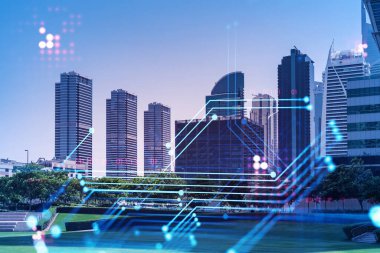 Panoramik manzaralı gökdelenler. Dubai Emirliğinin başkentinin modern şehri. Teknoloji konsepti. Çift pozlama.