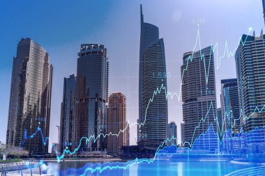Şehir merkezindeki Dubai gökdelenleri. Batı Asya 'nın uluslararası ticaret ve finans merkezi. FOREX grafik ve grafik konsepti. Çifte maruziyet. Dubai Kanalı Rıhtımı.